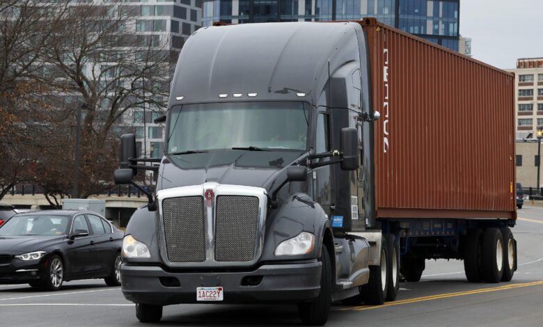 Truck shipping container trucking train rail supply chain shortage food goods ecommerce ship